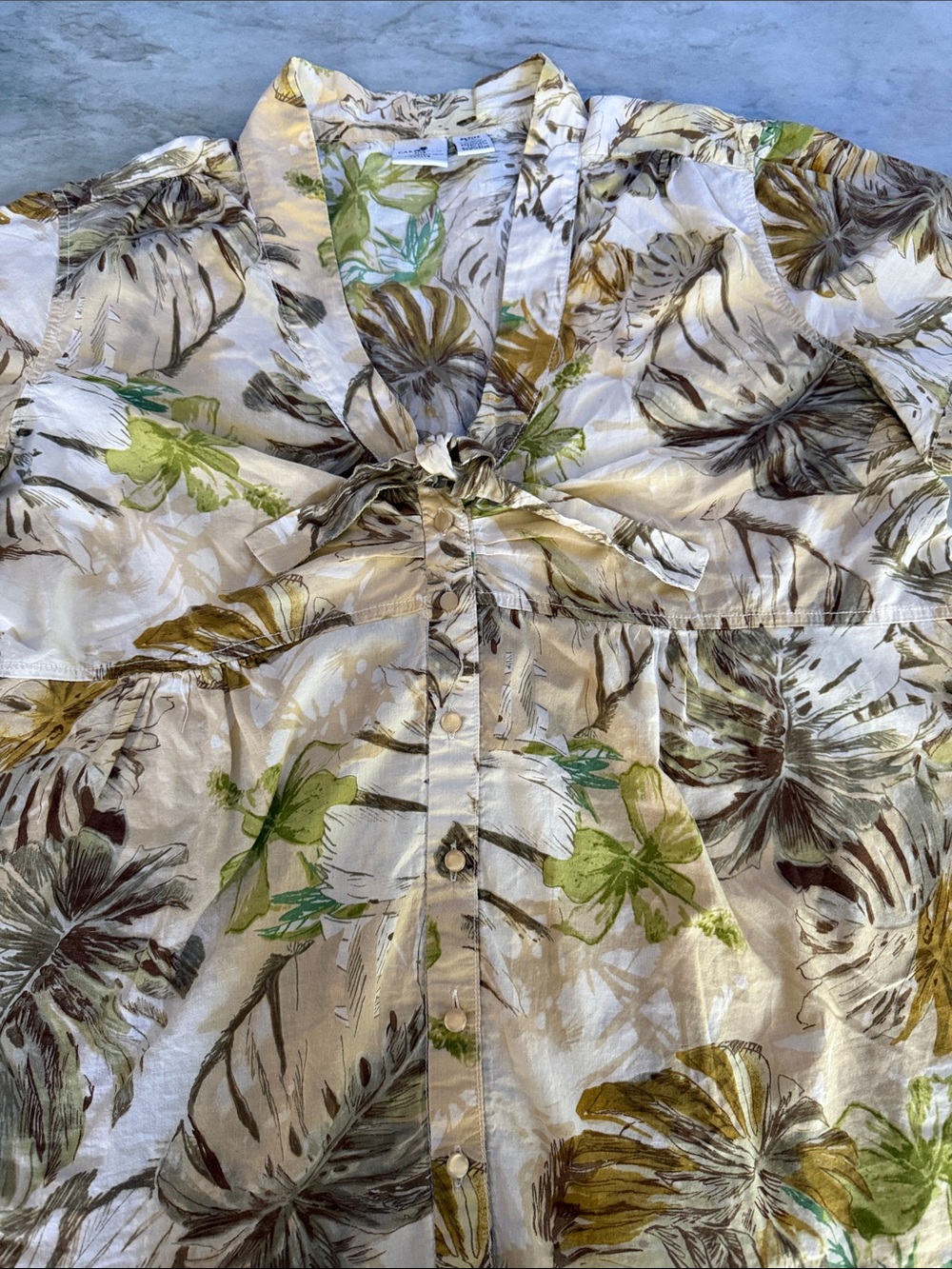Caribbean Joe Cream Button-Down Shirt with100% cotton Green & Brown Floral Print